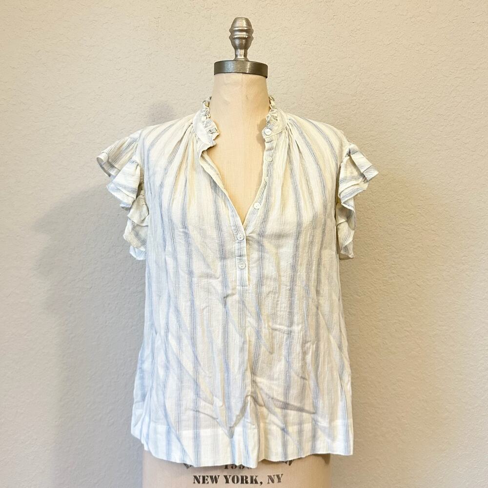 REBECCA TAYLOR Top White Blue Striped Ruffled Sleeve Blouse Cotton